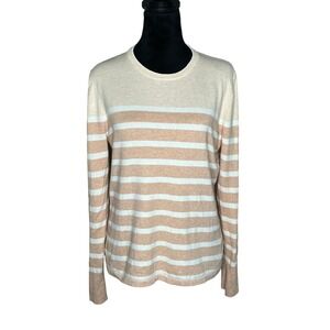 J. McLaughlin Long Sleeve Crewneck Pullover‎ Tan Striped Lightweight Sweater LG